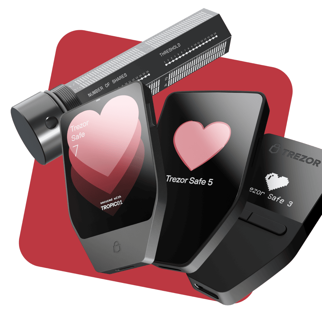 Three Trezor hardware wallets (Safe 7, Safe 5, Safe 3) with heart graphics on a red background.
