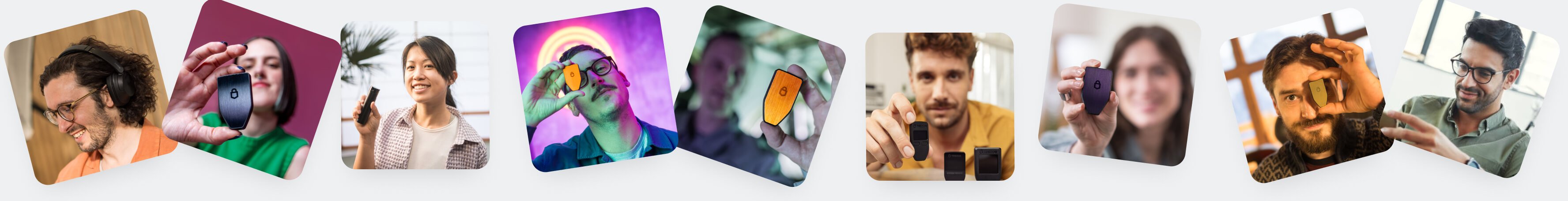 A collage of diverse people holding or using Trezor, in various settings such as indoors, outdoors, and tech-lit environments.